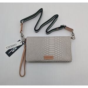 NWT Consuela Grey/Tan Wristlet Crossbody Wallet Clutch Zip Organizer Bag